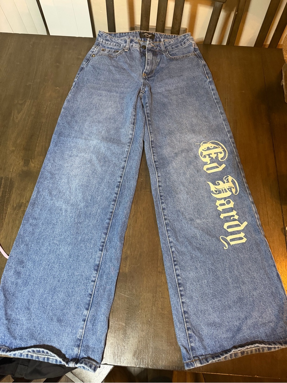 Ed Hardy Blue Wide Leg Jeans with Yellow Script